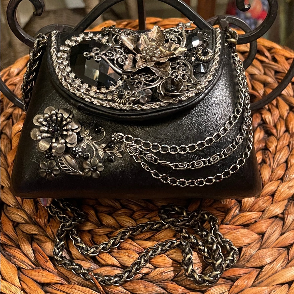 Mary Frances Elegant Black Floral Embellished Women's Shoulder Bag Small